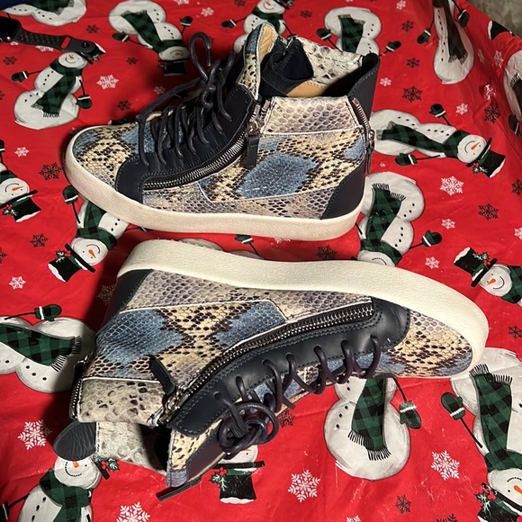 Men's Snakeskin-embossed Leather Double Zip High-top Sneakers - Picture 4 of 8